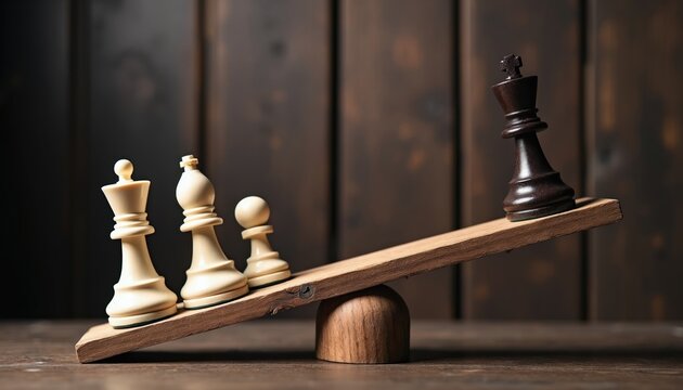 Chess pieces on seesaw show unequal power. A dark king sits alone on one side, while light pawns and a bishop on the other side are tilted down.