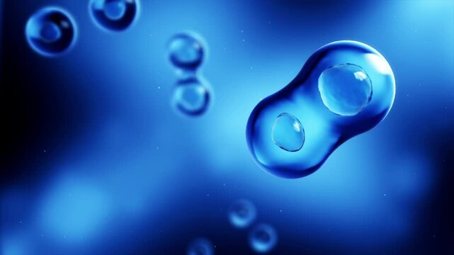 Stem cell division, cellular separation, and colony growth. Cloning closeup for medical research. 3D animation. Blue background.