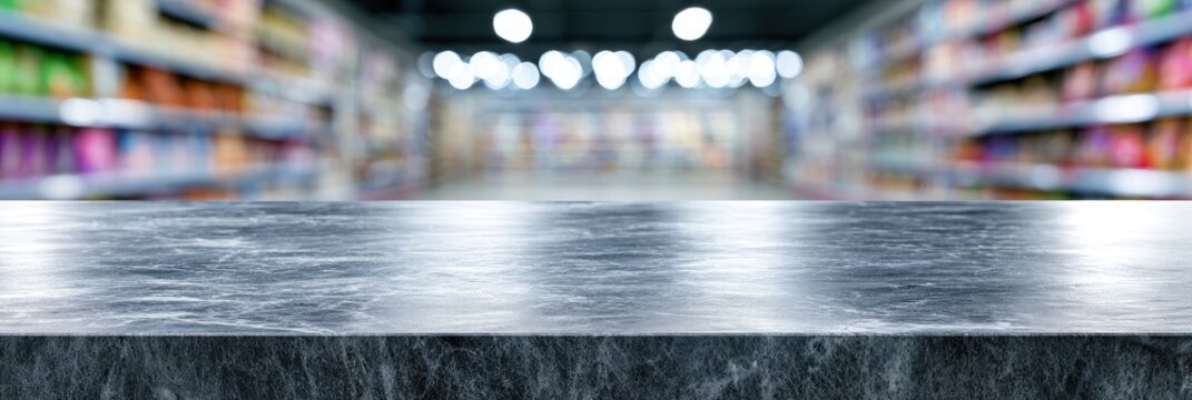 A marble surface in the foreground with a blurred supermarket aisle in the background