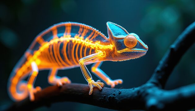 X-ray view of chameleon on branch showing internal skeleton glowing orange, blue. Reptile anatomy, biology visualized in detail against dark background. Wildlife science education, art fusion.