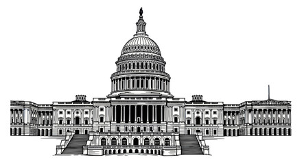 United States Capitol Building, Washington DC, Monochrome Sketch Illustration © rara