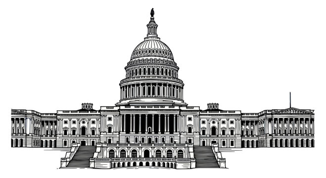 United States Capitol Building, Washington DC, Monochrome Sketch Illustration