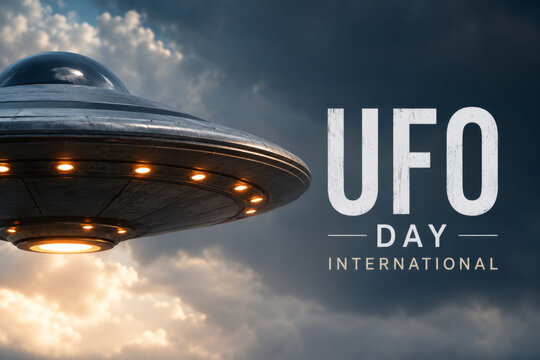 Extraterrestrial spacecraft flying in sky for World UFO Day, unidentified flying object poster.