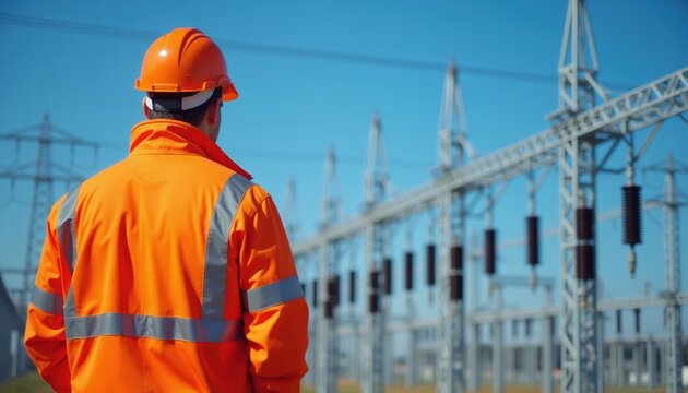 Electrical engineer in orange safety jacket and helmet stands near substation. Technician checks high voltage power lines against blue sky. Worker performs utility maintenance job.