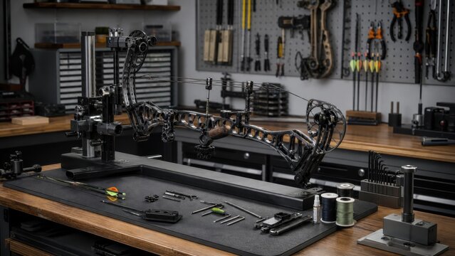 Professional archery bow adjustment and maintenance setup in a workshop with tools and equipment present for precision work