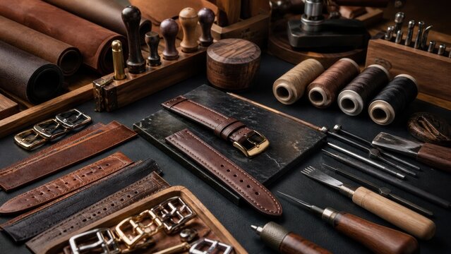 Crafting leather watch straps with various tools and materials in a workspace during daytime hours