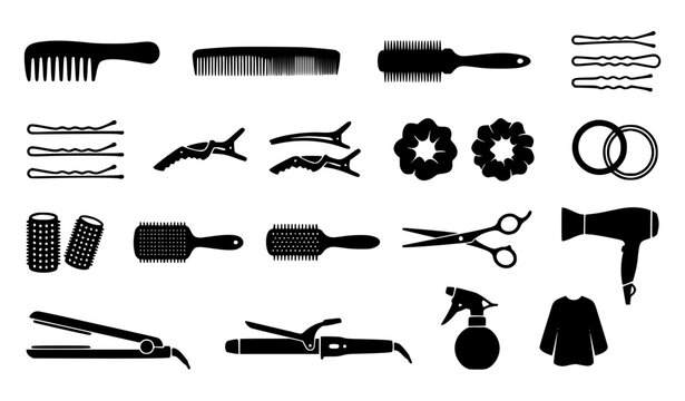 Professional Hair Salon Equipment and Barber Styling Tools Vector Icon Set Featuring Scissors, Hairdryers, Combs, Brushes, Hairpins, and Beauty Parlor Accessories for Design