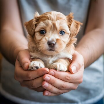 Manos sosteniendo un cachorro peque&ntilde;o y adorable, concepto de adopci&oacute;n y cuidado de mascotas