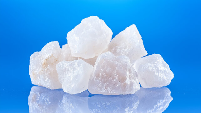 White rock salt crystals are arranged on a reflective surface against a bright blue background.
