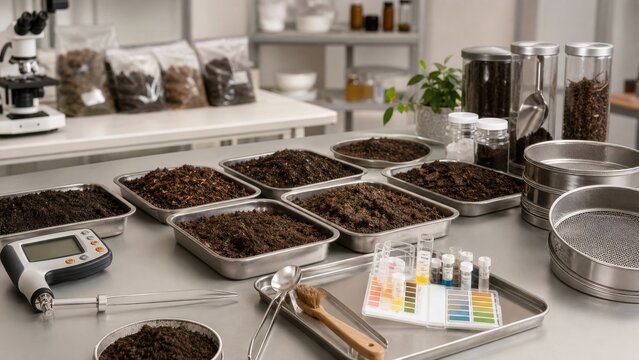 Laboratory setup with various soil samples, tools, and equipment for analysis and testing in a science facility during daylight hours