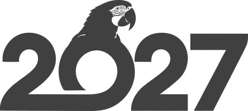 Black silhouette parrot head on 2027 number logo isolated on white background