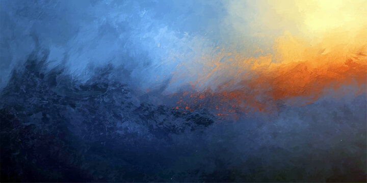 A dark stormy night blankets the city as blue rain streaks the window and road beneath an abstract cloudscape of fog and light