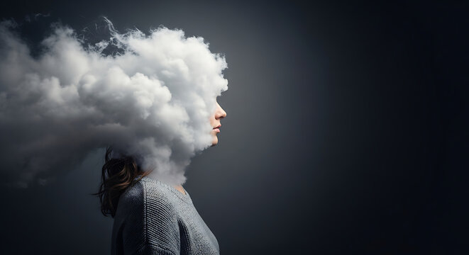 A woman's head is engulfed in a cloud of smoke, symbolizing mental fog or confusion.