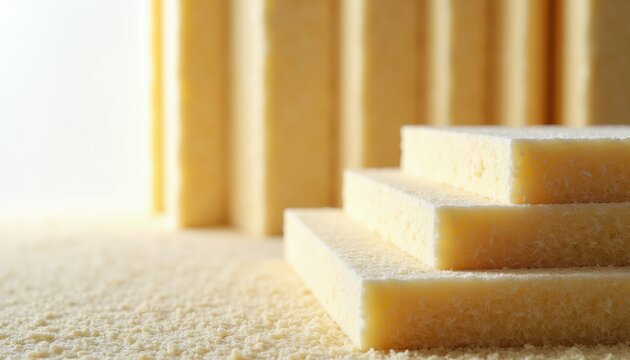 Light yellow porous material stacked in stpic. Background shows blurred vertical sections of same construction board. Shows thermal and acoustic insulation properties for building.
