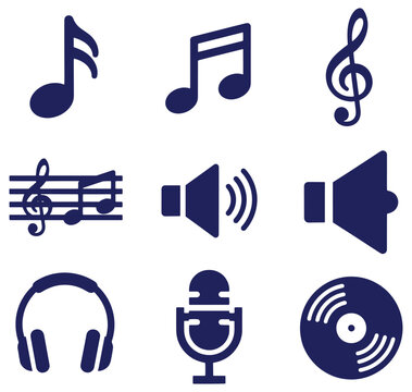 Music icons with notes headphones microphone and speaker on white background