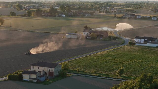 Po Valley agriculture, tractor plow fields, irrigation systems