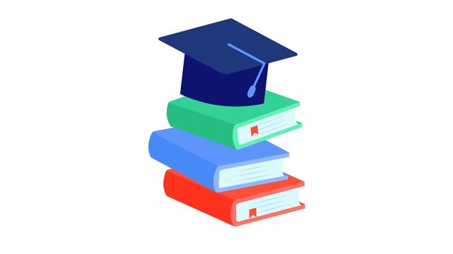 Graduation cap on a stack of books animation