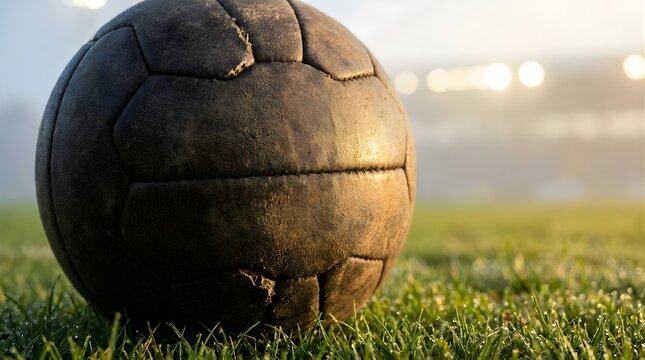 Soccer ball on grass field with scuff mark in serene outdoor setting