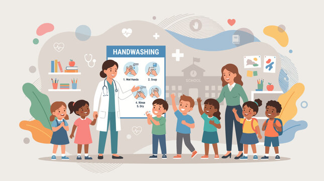 Doctor teaches kids handwashing with poster and teachers in school