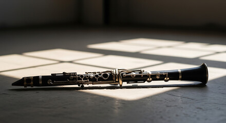 Fototapeta premium Clarinet lies on the floor with sunlight from window casting shadow