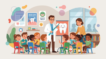 Fototapeta premium A smiling doctor teaches children about dental health in a classroom setting.