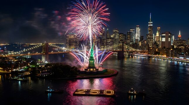 Vibrant Nighttime City Skyline Fireworks Display Over Waterfront