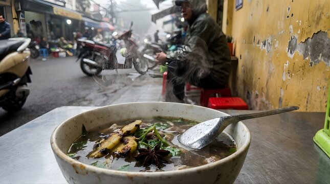 Street Food Noodle Soup on Table Outside Urban Restaurant