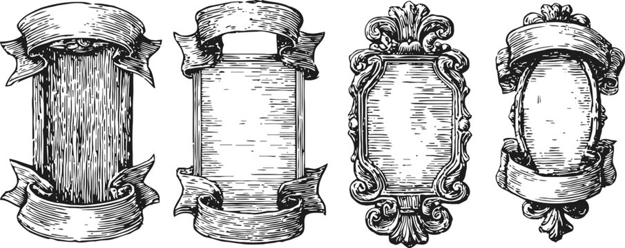 vintage ornate frames with ribbons decorative antique borders, scrollwork, banner embellishments, retro engraving design elements