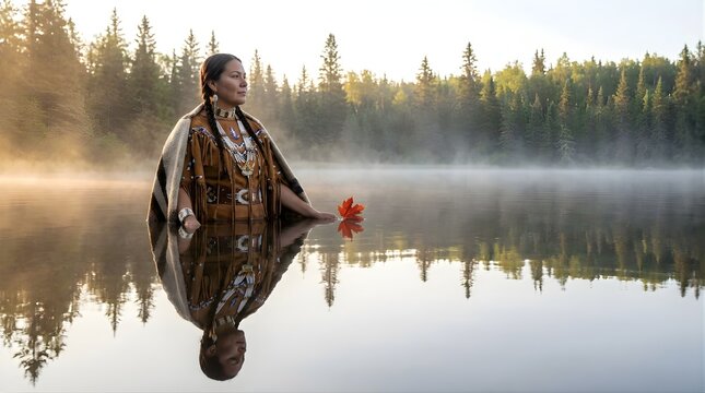 Woman standing by serene lake holding flower in contemplative atmosphere
