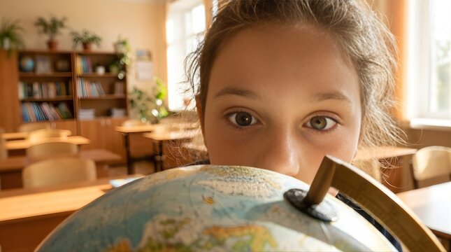 Young Girl Peeking from Behind Globe in Classroom Setting