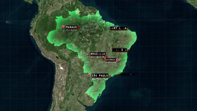 Top 10 Largest Cities in Brazil Population Ranking on Satellite Map Animation