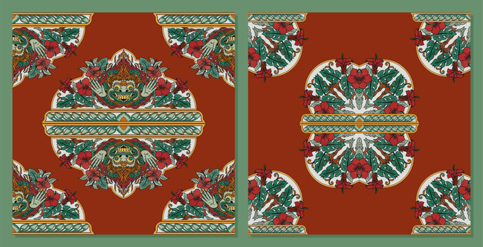 Tropical Floral Silk Scarf, Rug, and Tile Background with Balinese and Javanese Wayang Mask Ornament