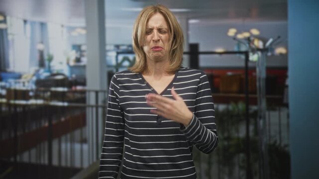 Woman covers nose with hand and recoils in a building atrium near railing and lamps while grimacing; disgust rejection.