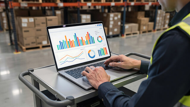 Businesswoman working on laptop with analytics graphs displayed on screen inside warehouse. Concept of logistics, supply chain, inventory management, shipping, ecommerce and distribution