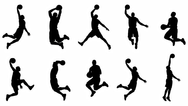 vector silhouette of basketball player slam dunk, scoring the ball to the net