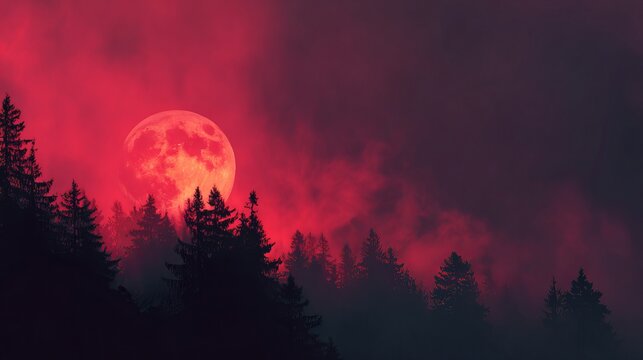 Blood moon rising over dark forest silhouette at night