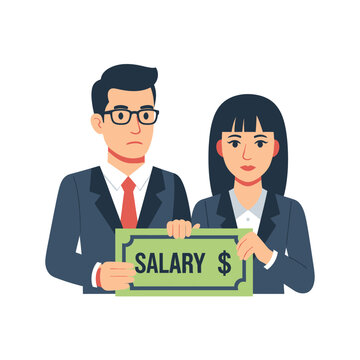 Businessman and businesswoman holding salary.