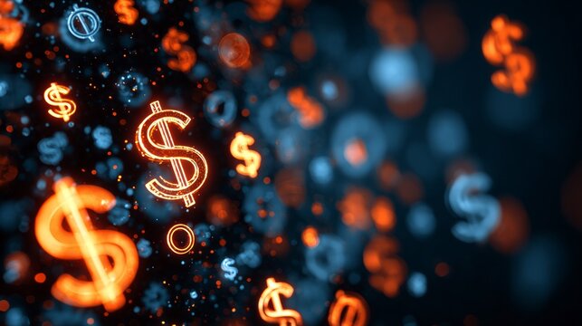 Glowing dollar symbols on digital abstract background