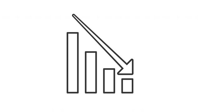 Animated Outlined Bar Chart with Falling Arrow in Black, White to Transparent Background