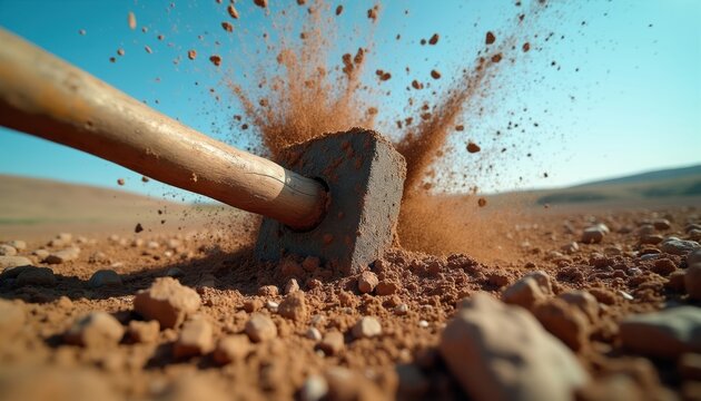 Sledgehammer strikes earth sending dirt and rocks flying upwards. Dynamic action shows brute force breaking ground. Outdoor scene with blue sky and arid landscape.