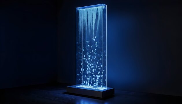 Modern glass panel lamp with liquid and floating air bubbles inside, illuminated by soft blue LED lighting from top and bottom. Futuristic interior decor concept.