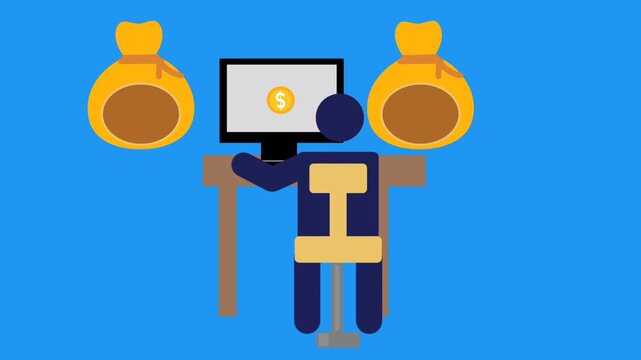 Online worker using computer and earning money from remote job. Digital business, freelance, and finance concept