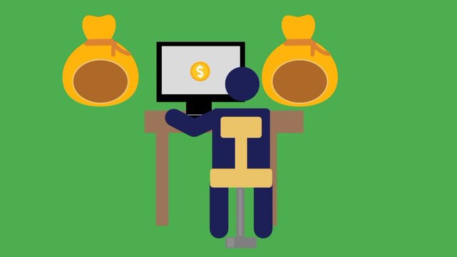 Online worker using computer and earning money from remote job. Digital business, freelance, and finance concept