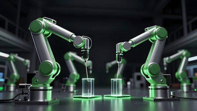 106. [STYLE] of an abstract smart factory floor with synchronized robotic sensors with brushed aluminum and translucent acrylic, dramatic side rim light, electric green and graphite palette, abyssal v