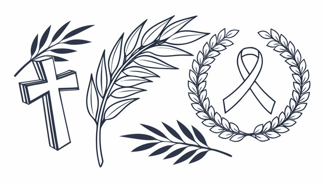 Vector illustration of funeral memorial symbols featuring cross and ribbon memorial remembrance mourning