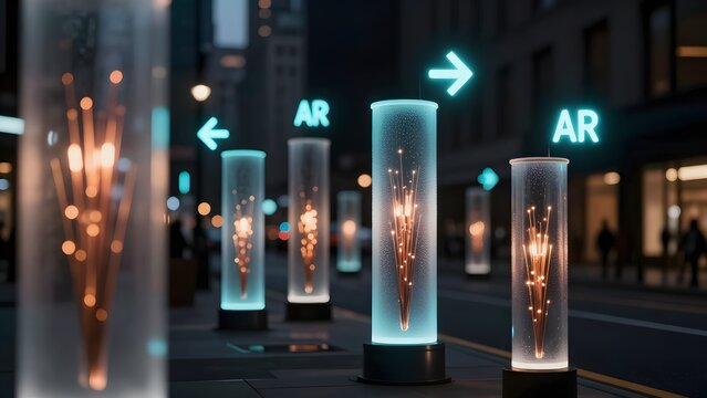 176. [STYLE] of luminous AR navigation arrows hovering over a city street with frosted glass and copper filament, soft directional key light, cool sapphire and warm amber palette, jet black backdrop,