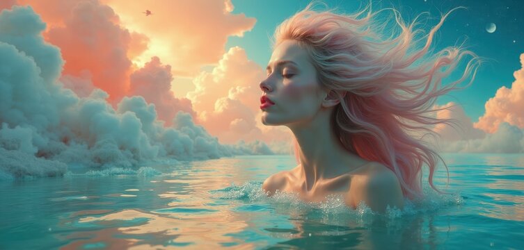Woman with pink hair in water, sky with clouds and moon. Surreal dreamy fantasy art. Peaceful mood, soft colors. Peaceful atmosphere, tranquil water.