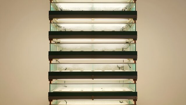 192. [STYLE] of a luminous vertical farm with stacked hydroponic layers and synchronized grow lights with frosted glass and copper, soft directional key light, deep emerald and warm gold palette, soft