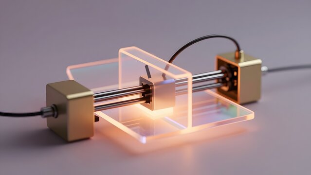 194. [STYLE] of luminous holographic 3D printers materializing complex objects from light with translucent acrylic and brushed gold, soft volumetric glow, peach and lavender palette, soft graphite gra