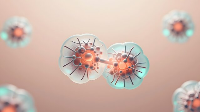 195. [STYLE] of an abstract longevity research lab with cellular regeneration visualized as luminous renewal with frosted polymer and silver mesh, soft top fill light, warm peach and seafoam tones, so